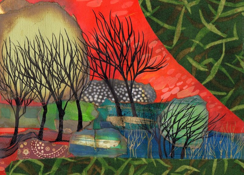 Collage: Bare trees. Blue watery land. Green and red sky. Light in left corner.