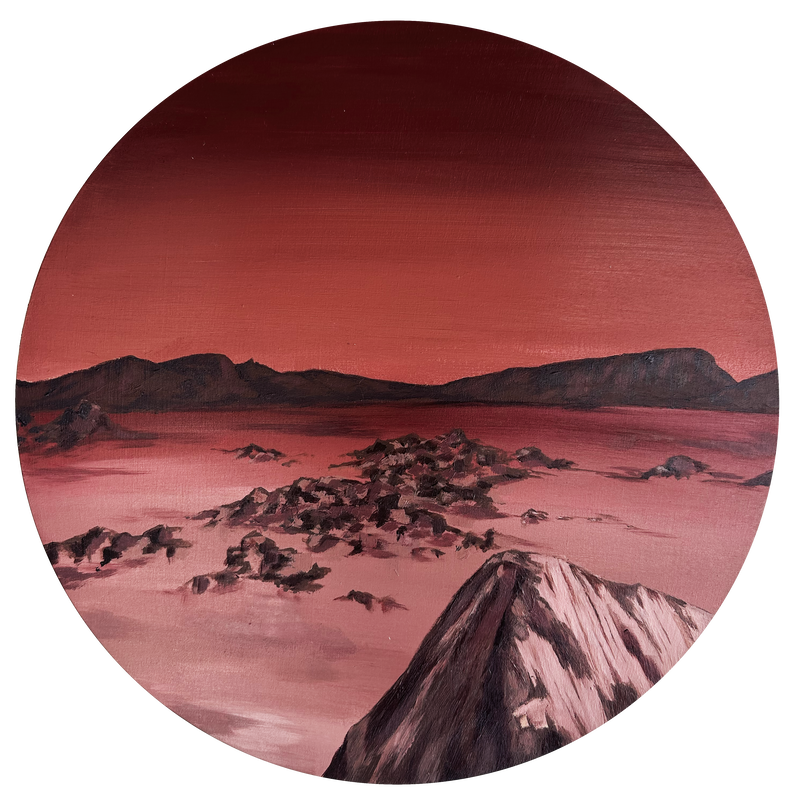 Almost-Martian landscape captured in a spherical image. Rock formations loom before a red sky