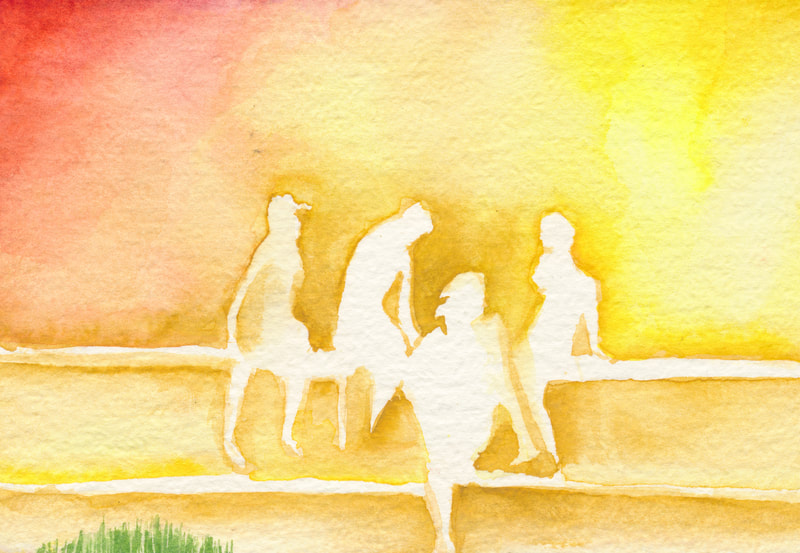 Against a bright, colorful background, four indistinct figures disposed on the rails of a fence