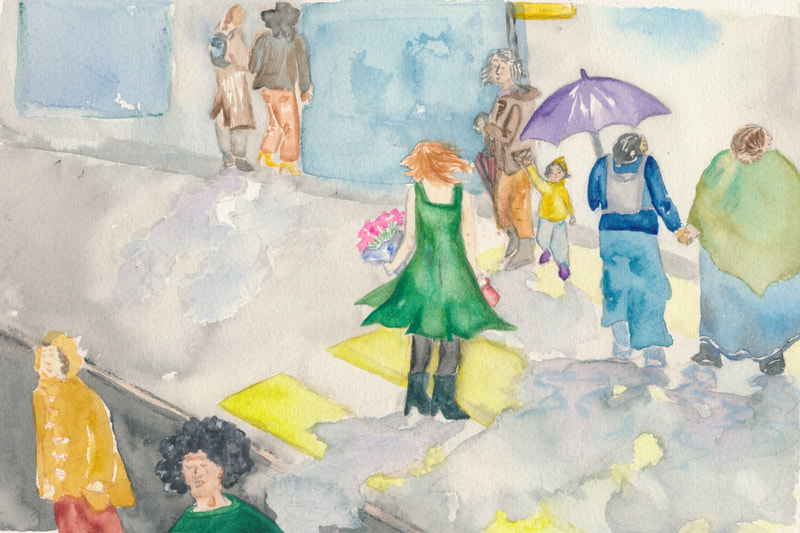Street scene with half-a-dozen people, some gazing in a window, others walking, one carrying a purple umbrella, the central figure carrying flowers, wearing a green dress and black boots