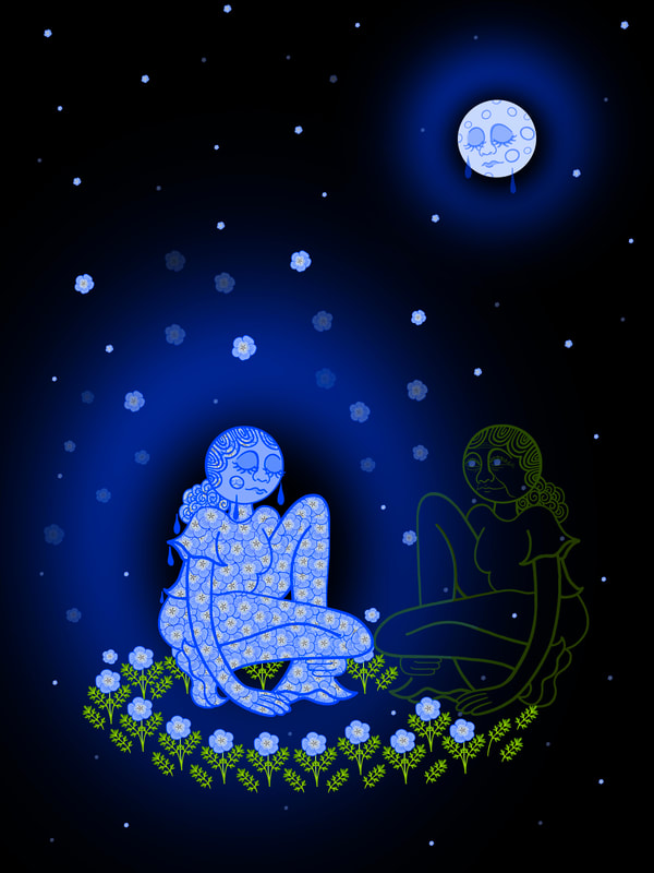Silhouetted against a dark blue night sky, a woman sits, legs akimbo. The vague figure of another woman is hidden in shadow next to her. A closed-eye moon sits in the top corner