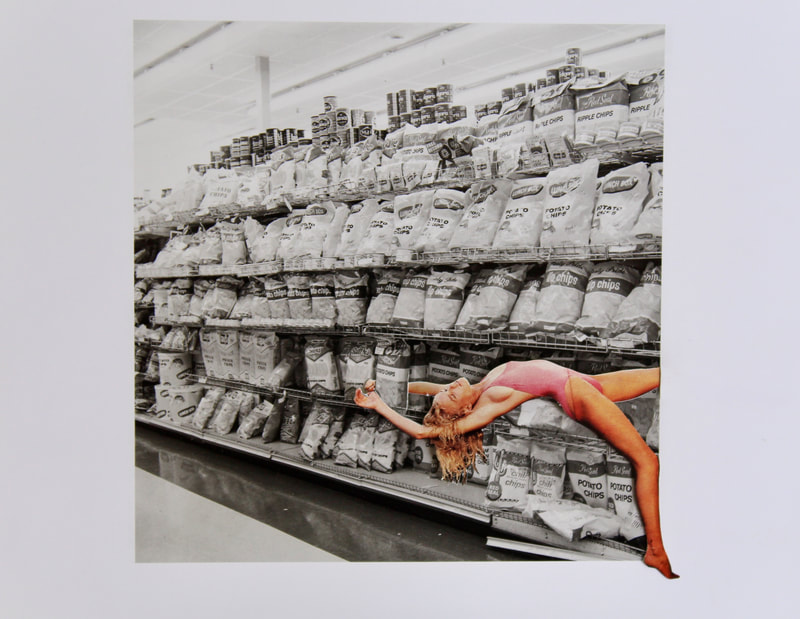 Blonde woman in pink leotard backflips through black-and-white photo of a grocery store aisle of potato chips