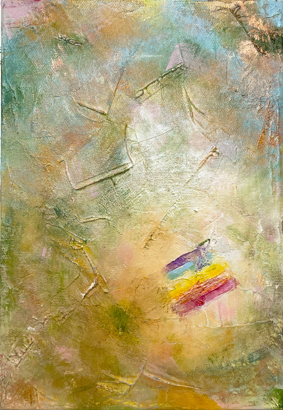 Abstract art. Gold, green, light blue and white smudges with lines of texture. Small rectangle rainbow in lower right corner. 