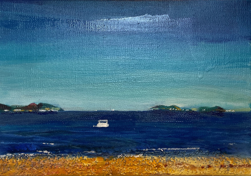 Painting. Brown beach with rough texture. Dark blue water. White boat in the distance. Green hills in the farther distance. Blue sky. 