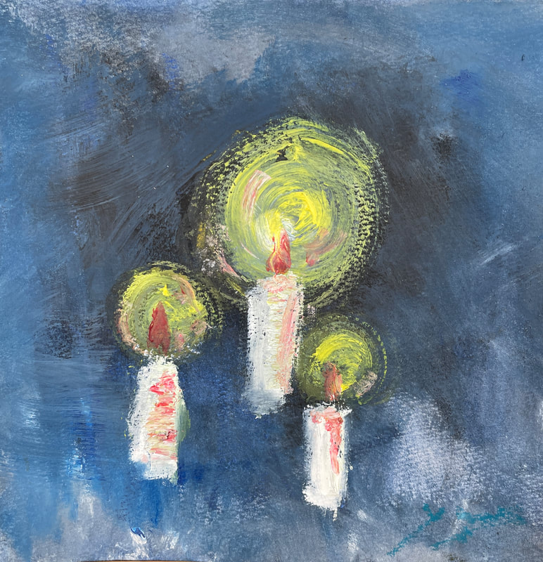 Painting. Dark blue background. White candles with red flames and yellow haloes. 