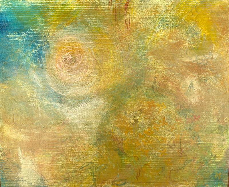 Abstract painting of gold with a lighter swirl of gold off center left and a blue smudge in the left corner. 