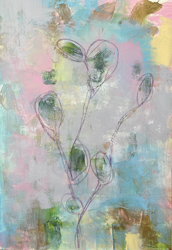 Abstract art. Smudges of gray and pink with undertones of light blue and pale yellow. Green smudges are circled with ovals and long lines run below them, balloonish. 