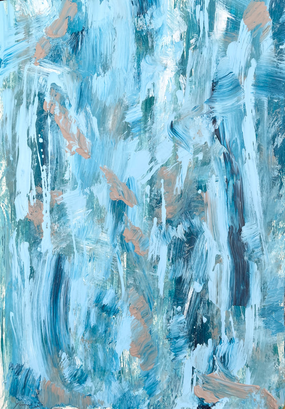 Abstract art. Light blue streaks with dark blue streaks and splatters of gray. 