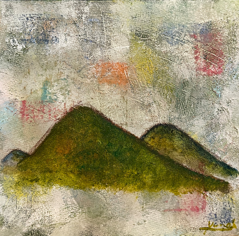White background, three green hills, gray smeared above with rectangular stamps of red, orange, yellow and green. 