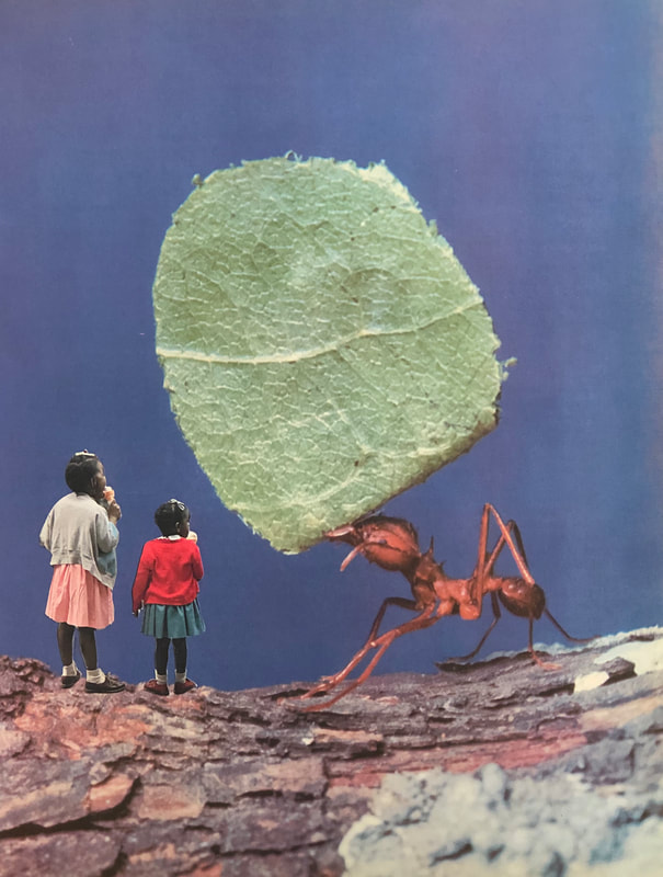 Their relative sizes distorted, two children appear to stand on a branch next to a giant insect that is carrying a huge leaf. 