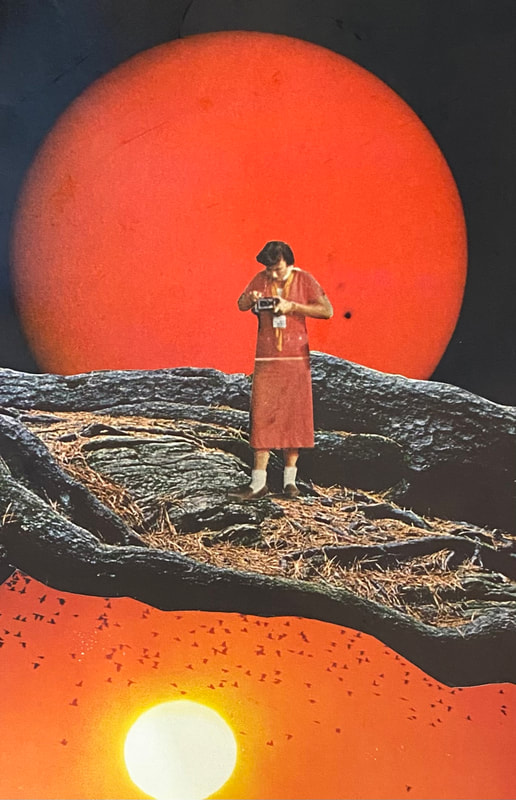 Standing on the roots of a giant tree, a woman wearing a red dress fiddles with a camera. Behind her, a giant red globe occupies the entire sky.