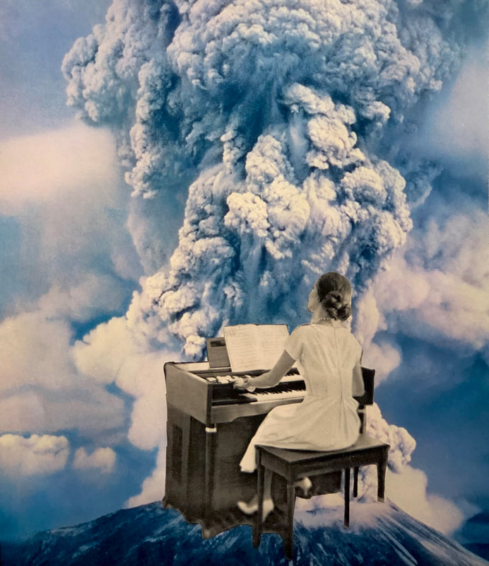 In front of a roiling grey-blue cloud, a woman with a chignon and wearing a pale dress plays a spinet.
