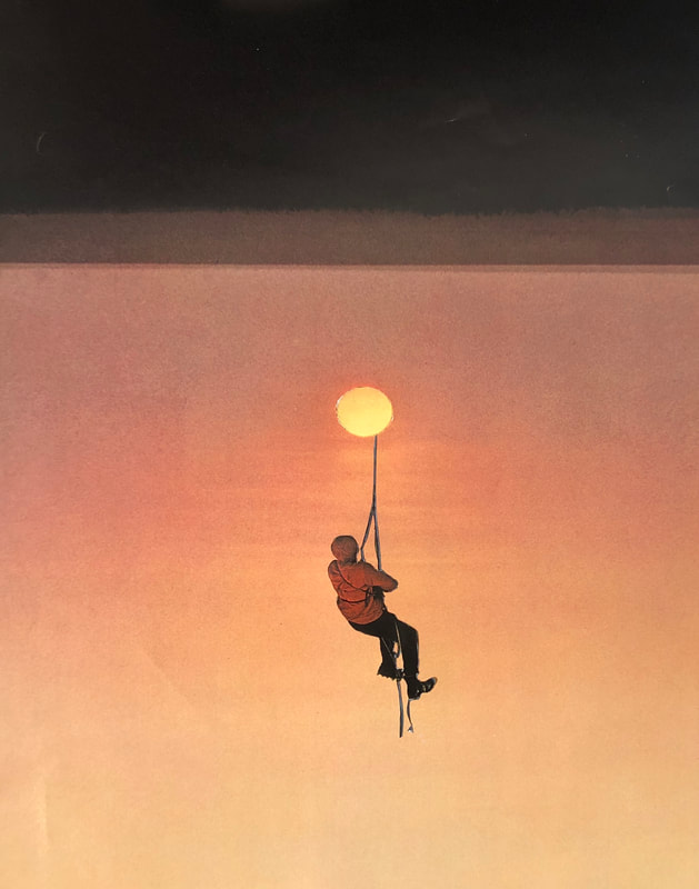 A figure wearing a red top and black pants appears to be climbing or descending from ropes attached to a sun-like object in the sky. 