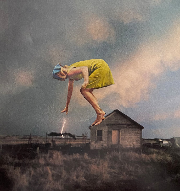 Only one small building is to be seen on what looks like a prairie. A giant woman wearing a green dress stands on the roof of the building, bending down as though to direct a bolt of lightning to the ground.