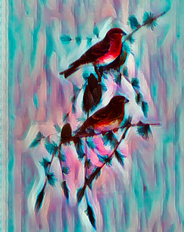 Red birds on branches