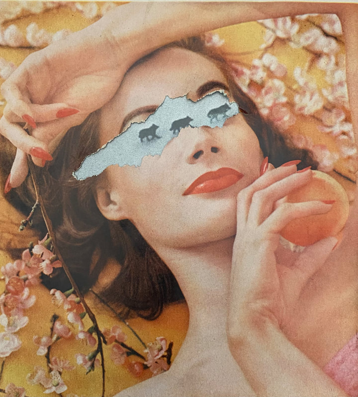 White woman in repose eating peach and surrounded by blossoms. Her eyes are ripped out and replaced by black-and-white wolves on ice. 