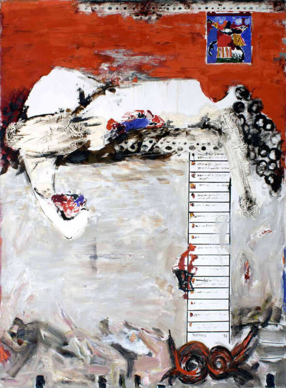 Abstract image. White blur with a black and white human-ish form lying atop. A ladder is in the foreground. The background is red. 