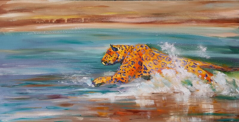 Painting of orange leopard leaping into water. 