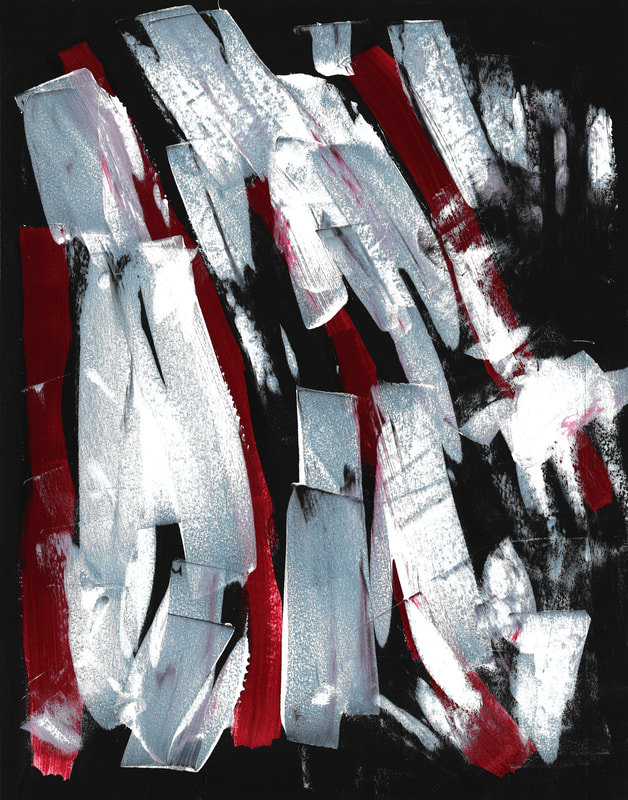 Abstract painting: white and red streaks on black
