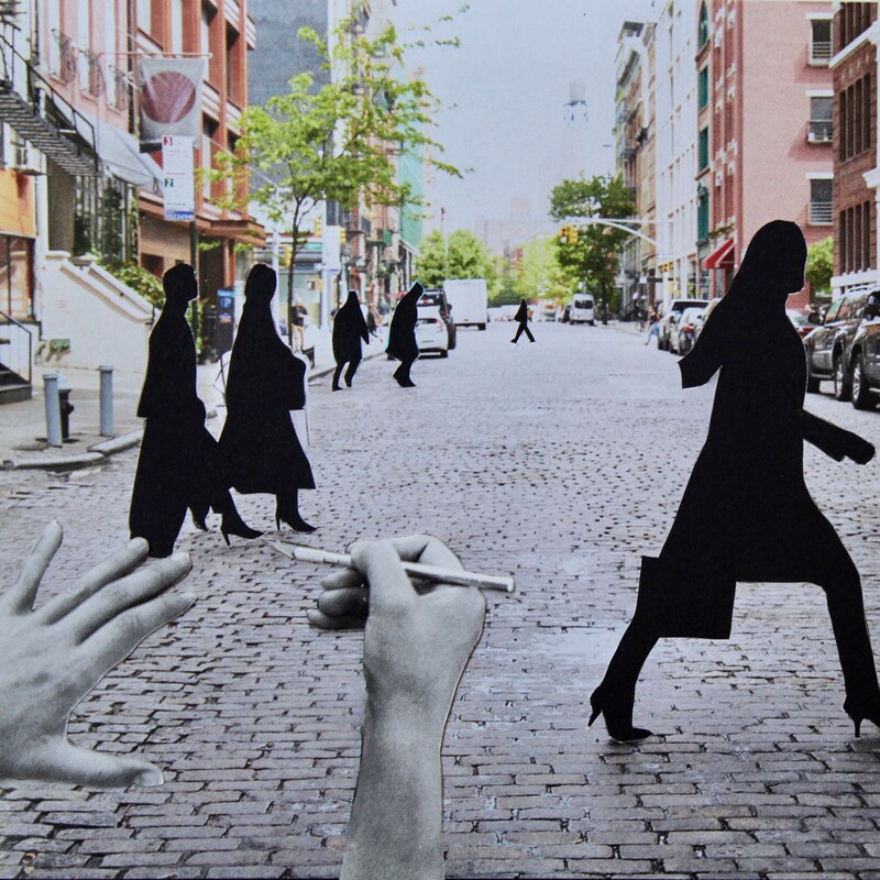 Collage: Hands cutting women out of street scene 