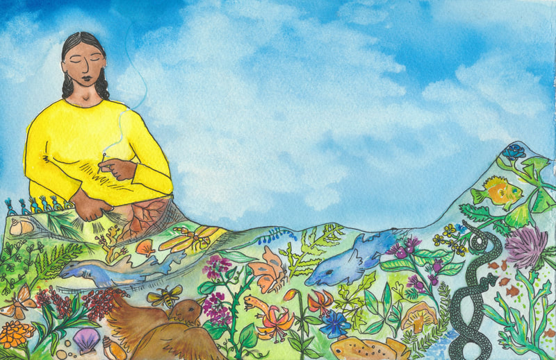 Part of a woman's body, clad in yellow, against a blue sky, with a landscape containing fish, animals, insects, and plants draped like a blanket in front of her