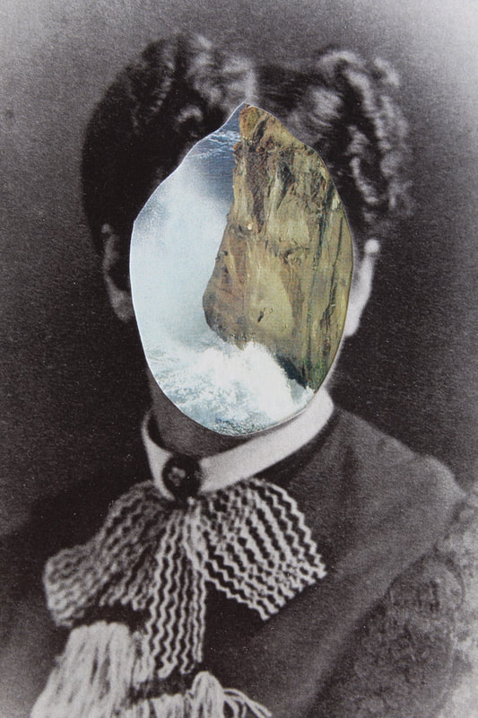Collage, black and white portrait of woman's face with a color image of a cliff and waterfall where the face would be.