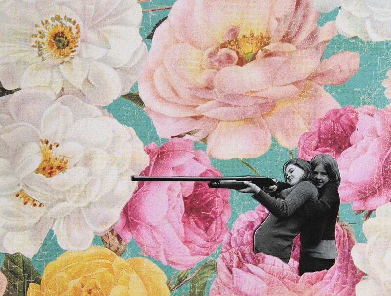 Background: rose wallpaper. Foreground: two girls in black and white, one holds a rifle and aims.
