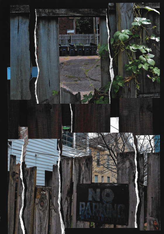 Collage: Torn strips of houses on wood background