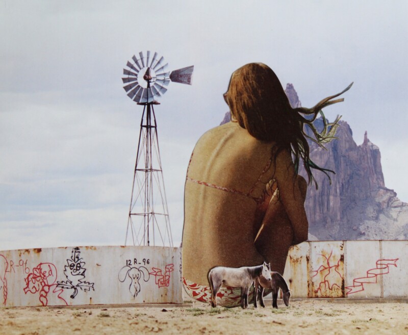 Bikini-clad woman is seated in the dirt, turned away from the viewer. In the distance is a windmill and outcropping. Behind her, foreground are grafittied walls and two horses.