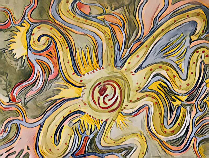 Abstract illustration of a star or sea star or octopus or sun with wavy arms and swirls of pink, blue and yellow.