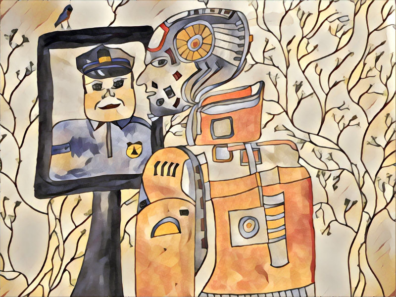 Illustration: Robot give side eye while looking at reflection in mirror. Reflection is a police officer's face. Background is branches. There's a bird on the mirror. 