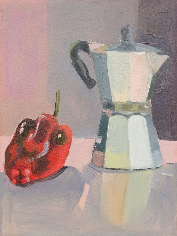 Red bell pepper and small silver coffee pot.