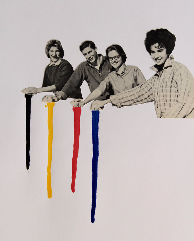 Four people in black-and-white stand in a line and reach to the side as colorful paint spills from their hands.