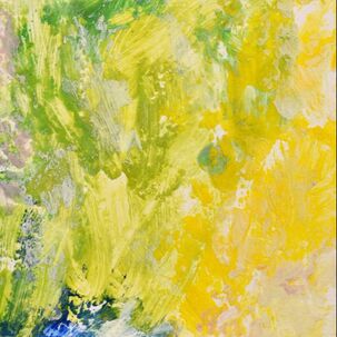 Abstract art: yellow green and white brush strokes with dark blue in the lower left