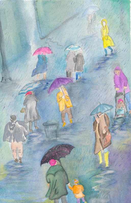 Scene on a rainy street, with almost everyone huddled under umbrellas. One person pushes a stroller