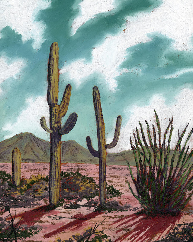 Desert scene, with several saguaro and their shadows looming, mountains in the distance