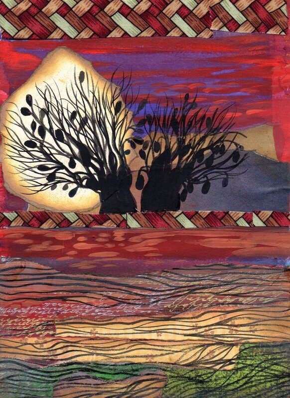 Collage: Two trees with wide trunks in silhouette. Purple red sky. Droopy moon. Red and tan land with black horizontal lines. 