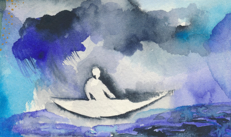 Against massive waves and a stormy sky, the figure of a person seated in a little boat