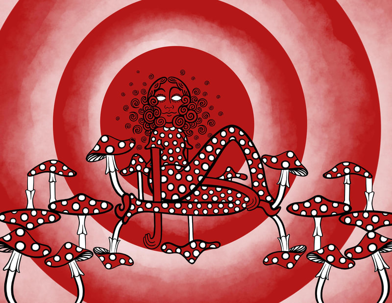 Seen against  concentric red circles, the figure of a woman wearing a polka-dot outfit. Her legs seem to end in a group of toadstools