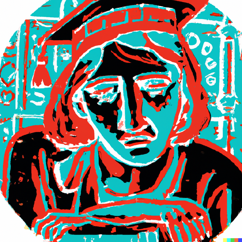 Torso of figure wearing graduation cap, with hands crossed, depicted in turquoise, red, black and white