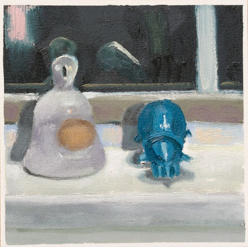 Painting: Bell and hedgehog trinket in front of a window