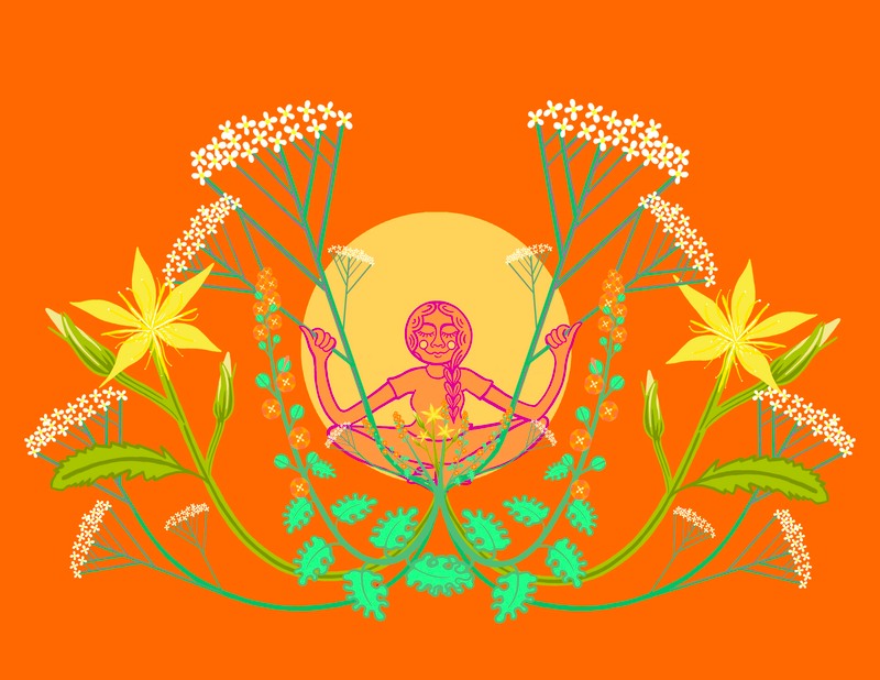 The background is bright orange. Various plants with blossoms wind around the figure of a woman sitting in front of a yellow sphere