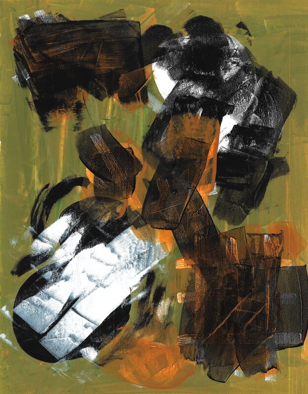Abstract painting, streaks of black, white and orange on green