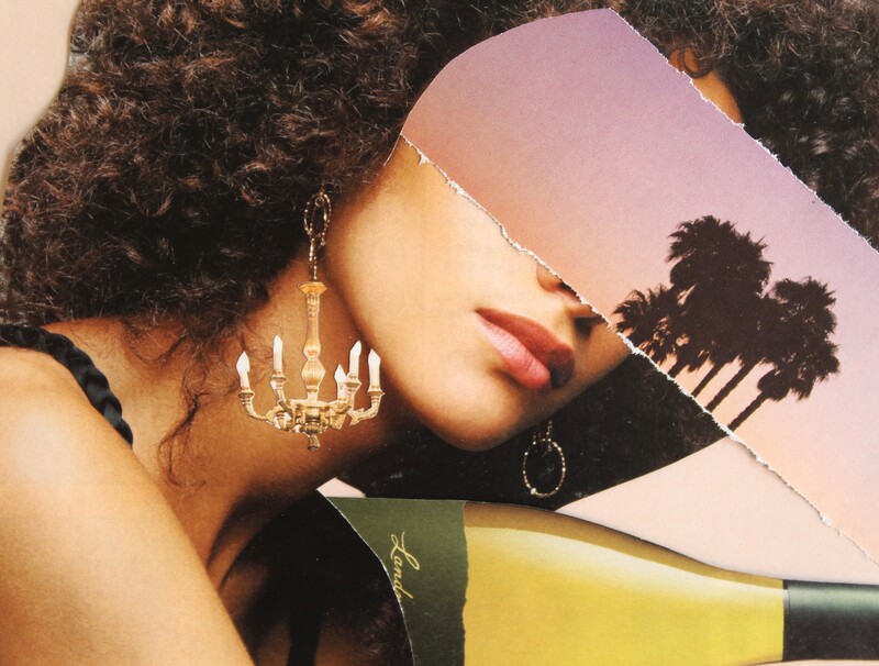 Collage: Woman with chandelier earrings, palm trees over her eyes, a white wine bottle on its side shows the word "land."