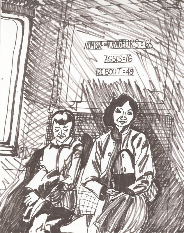 Pencil sketch. Two women on a train.