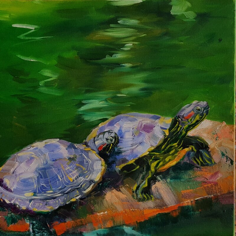 Painting. Two turtles sunning on a log in a green body of water. 