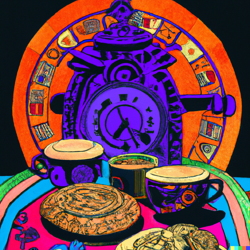 in foreground, three cups  and two plates on bright table-cloth; in background, strange clockface in front of orange disk