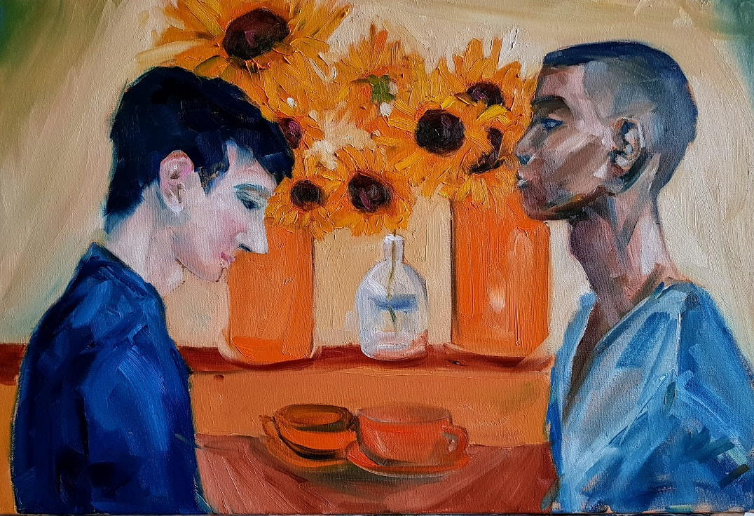 Two people looking at each other over coffee cups. Orange sunflowers in background. Oil painting.