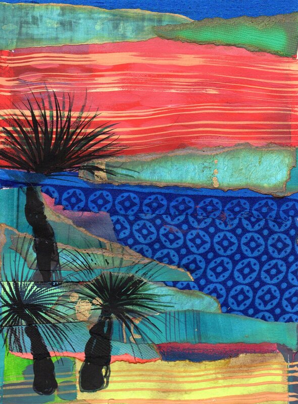 Collage: Red sky with tan stripes, a strip of aqua, blue with blue circles and diamond patterened. Foreground. Aqua land strips with three black tree silhouettes with spiky leaves. 