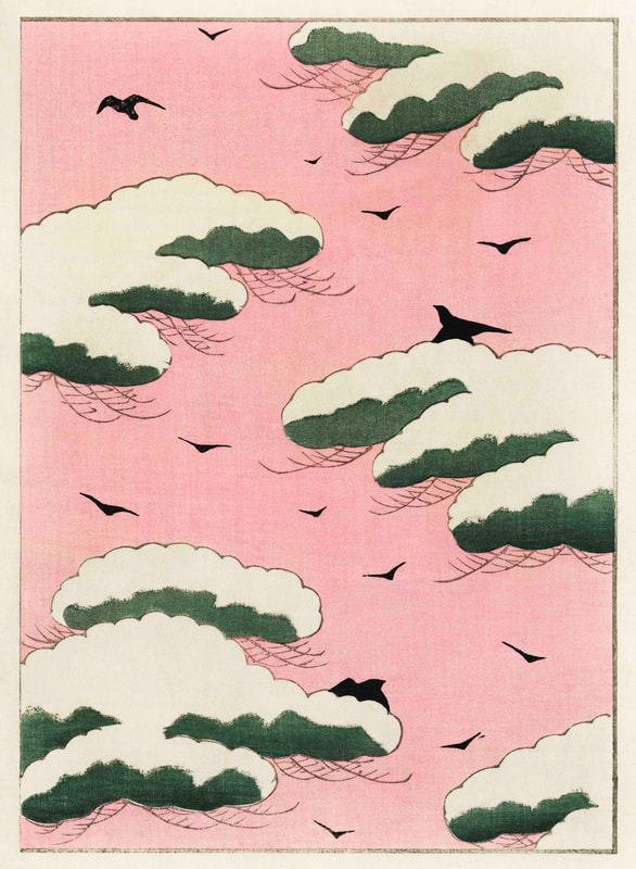 Illustration: Pink sky, three-pronged clouds tinged with green, small crows flying. 